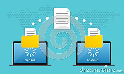 File transfer concept. Two Laptop computers with folders send and upload documents. File copy, data or information exchange design Vector Illustration